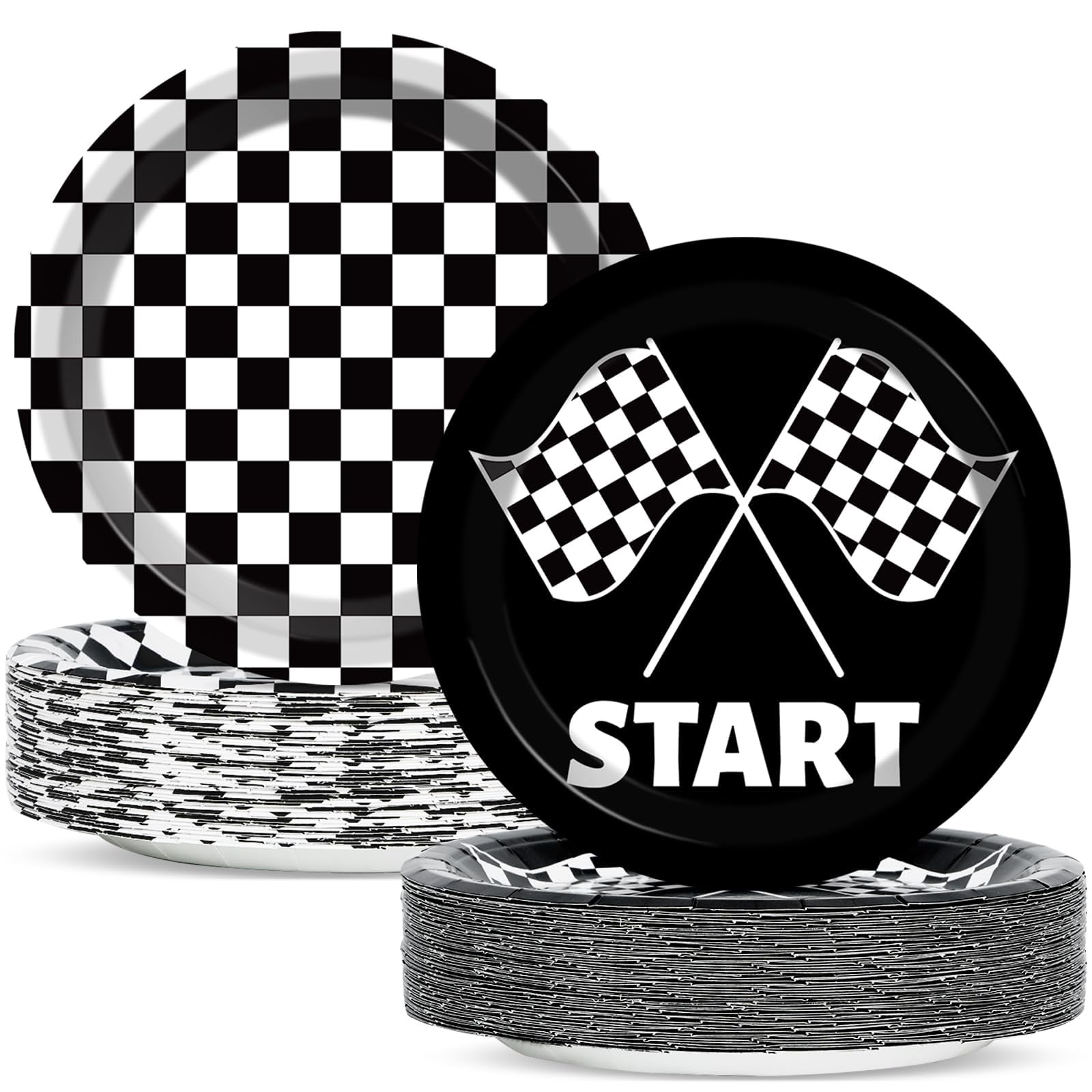 Photo 1 of 50 PCS Black and White Checkered Party Plates for Race Car Themed Party Decoration - 7 Inch Disposable Dessert Plates for Boys and Girls