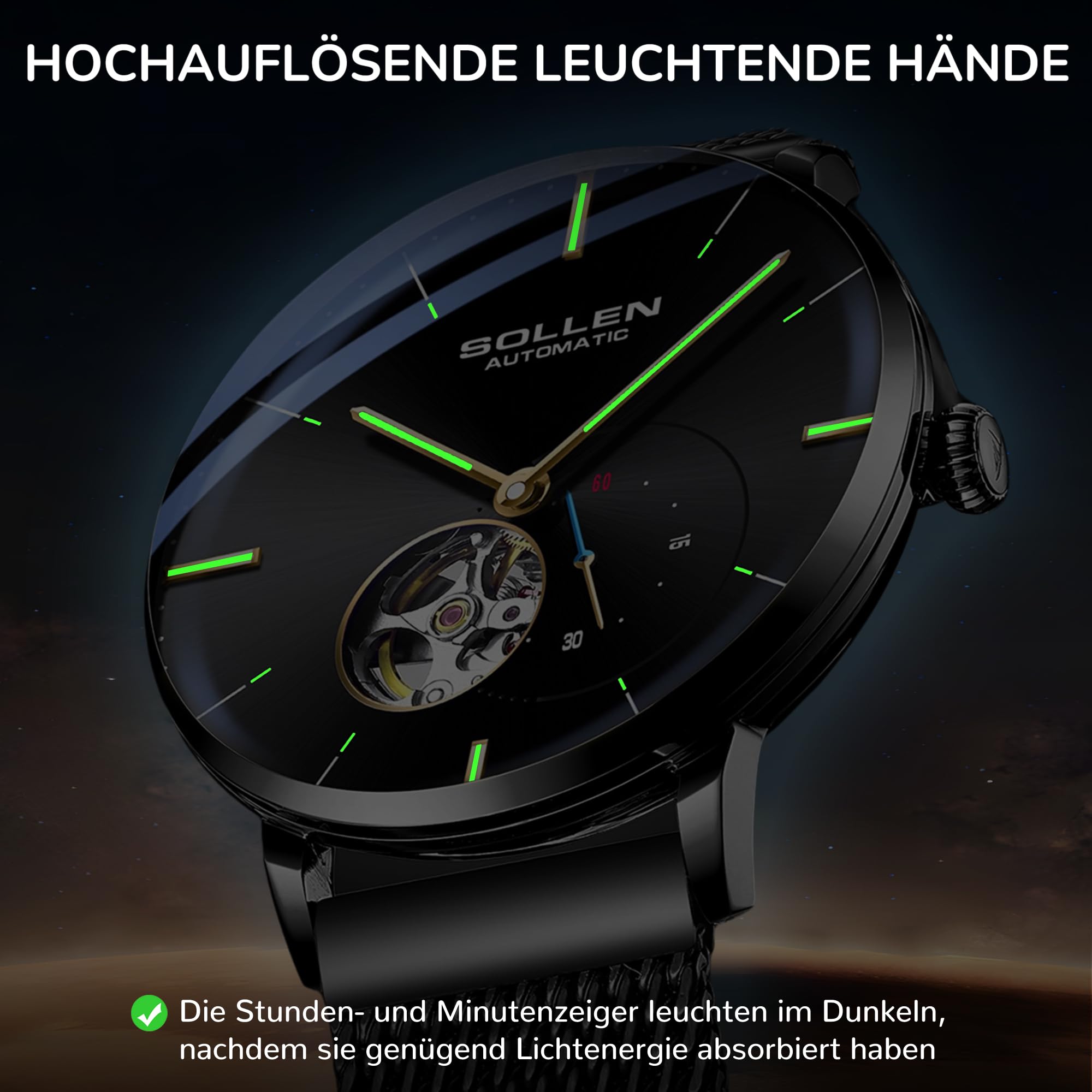 SOLLEN Automatikuhren Herren mit Skelettzifferblatt,Automatische Herrenuhren,Originales Mechanisches Uhrwerk,Leuchtend Selbstaufzug Herrenuhr mit Sekundenzeiger,Armbanduhren als Geschenk für Männer 6