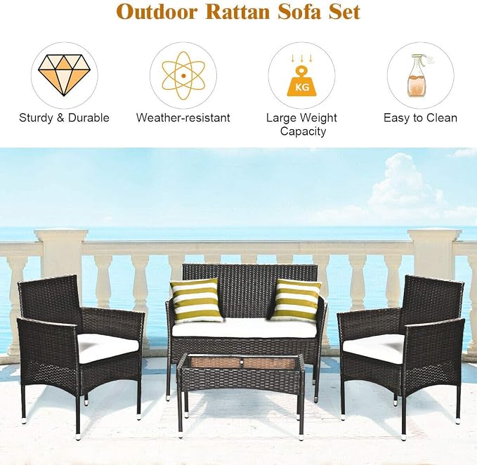 Amazon Com 4pcs Sturdy Frame Weather Resistant Outdoor Patio Rattan Wicker Table Shelf Sofa Furniture Set Cushion Large Weight Capacity Kitchen Dining