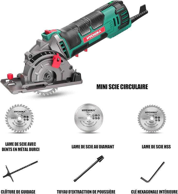 HYCHIKA 500W Mini Scie Circulaire, 4500RPM, Profondeur de coupe: 0-25mm, Moteur en Cuivre Pur, 3 Lames pour les coupes de bois, de métal mou, de carreaux et de plastique