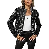 Bellivera Women's Faux Leather Jacket Studded Rivet Casual Short Moto Biker Stand Collar Coat