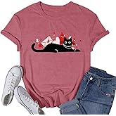 VQD Women's Valentine's Day Shirt Cat Valentine Black Cat T-Shirts Love Heart Lover Girlfriend Tee Tops