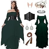 PYAEAS 7 PCS Vintage Medieval Victorian Fairy Dress Women Halloween Irish Costumes Renaissance Chemise Midi Dresses Set