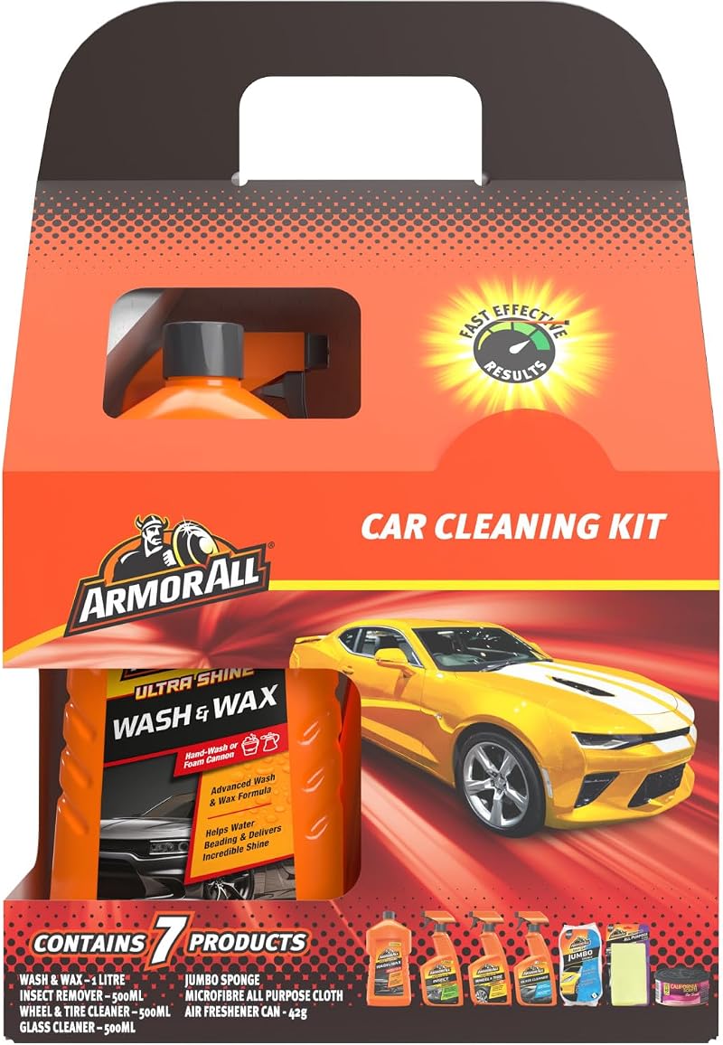 Armor All 7-Piece Car Cleaning Kit with Glass Cleaner, Wax, Sponge & Aerosol