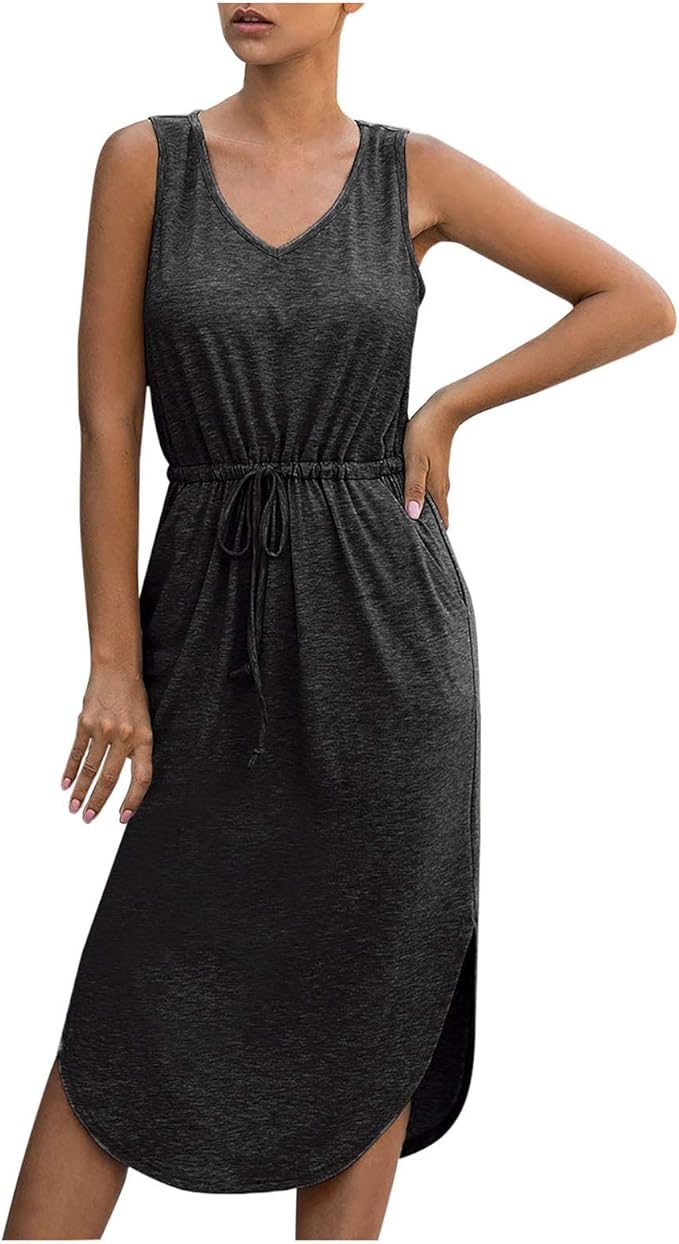 Women Elegant Dress Casual VNeck Sleeveless Dresses Side Split