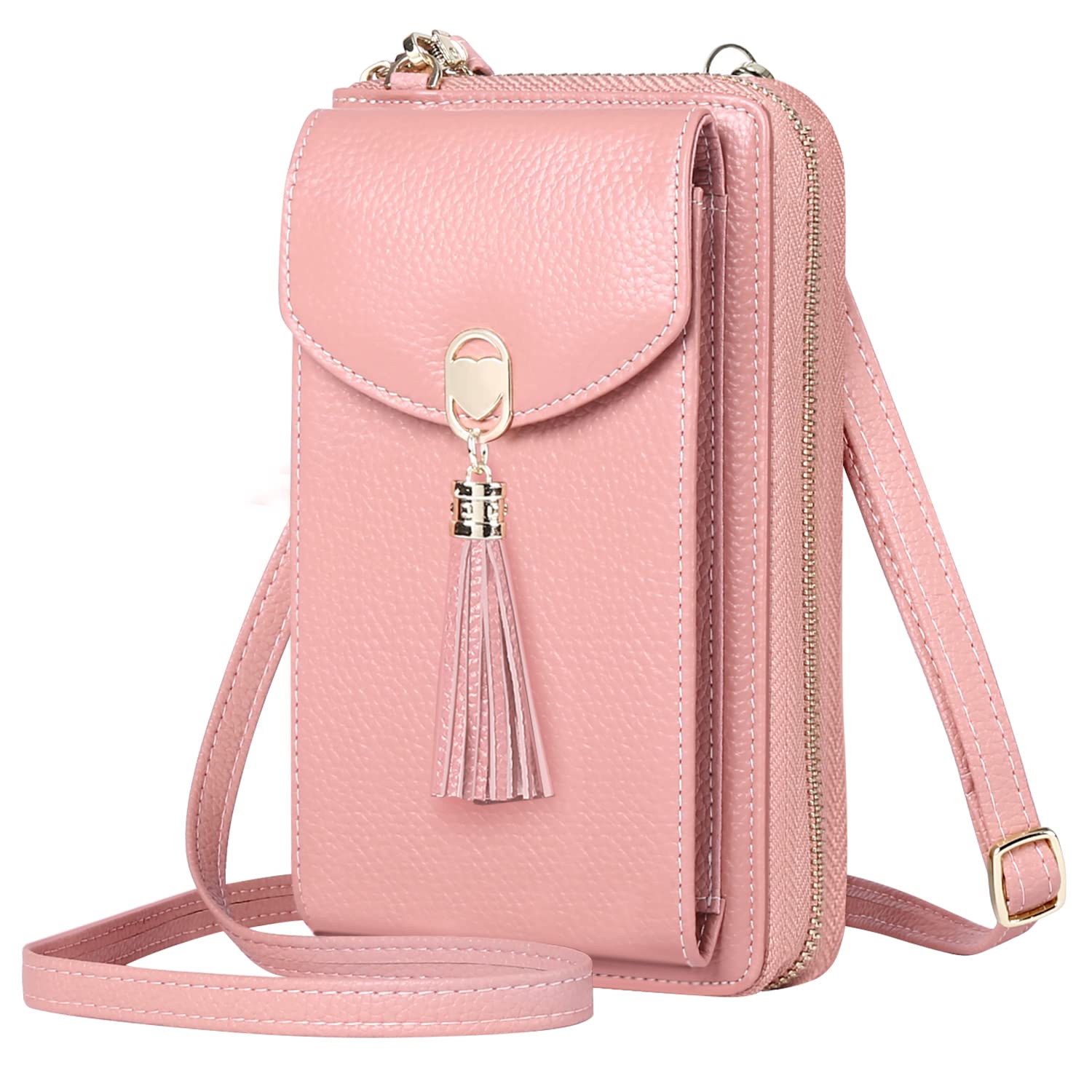 BTNEEU Crossbody Phone Bag Women RFID Blocking Genuine Leather Mobile Phone Bag with 12 Card Slots Multi Compartment Cell Phone Wallet with Zip Coin Pocket Small Shoulder Bag Purse Handbag (Pink)