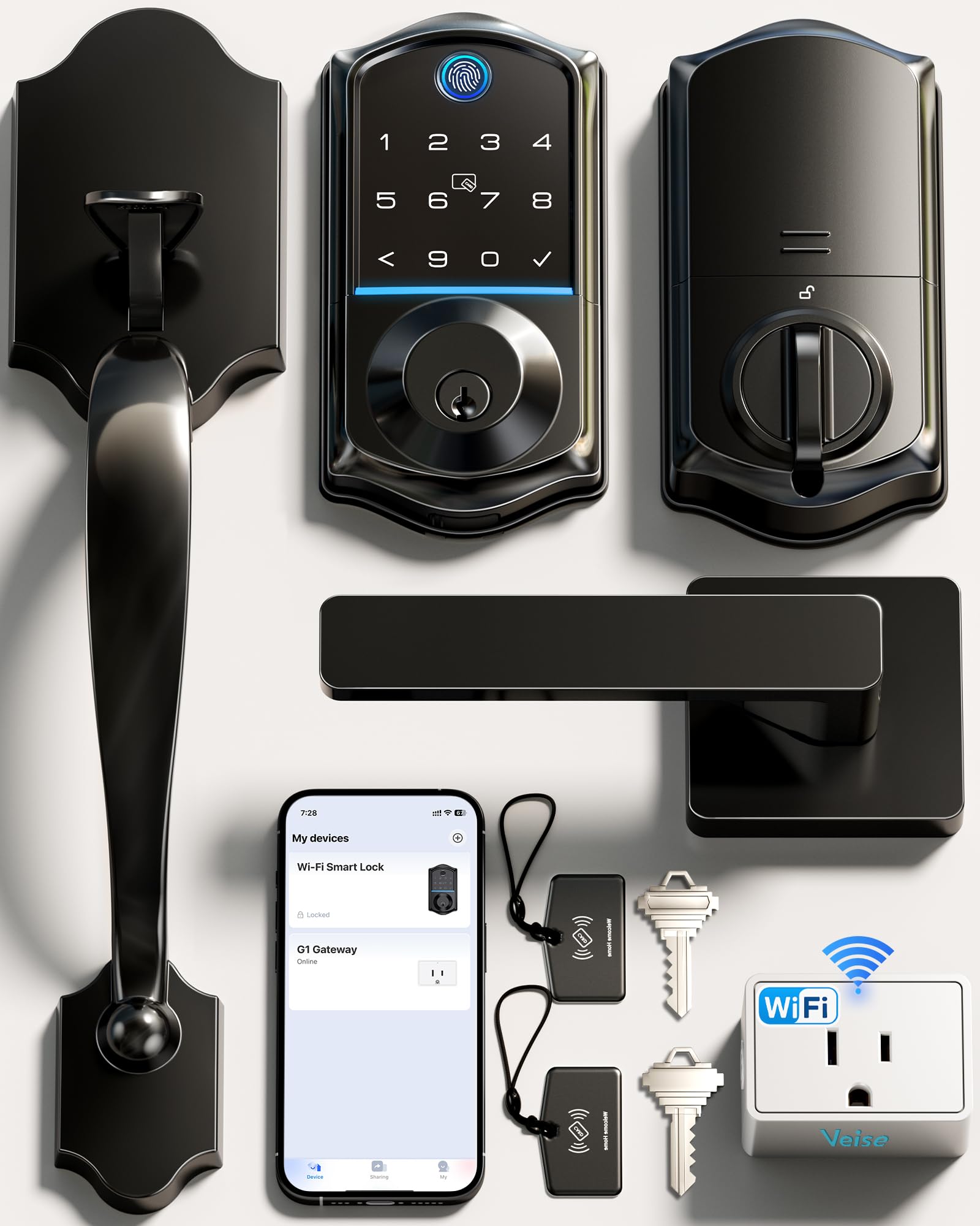 Photo 1 of **FACTORY SEALED. SOLD AS IS, NO REFUND/RETURN**Veise VE017G-H Wi-Fi Smart Fingerprint Front Door Lock Set, Remote App Control, Keyless Entry Deadbolt with Handle, Backlit Keypad, IP55 Weatherproof, Auto Lock, Easy to Install, Matte Black