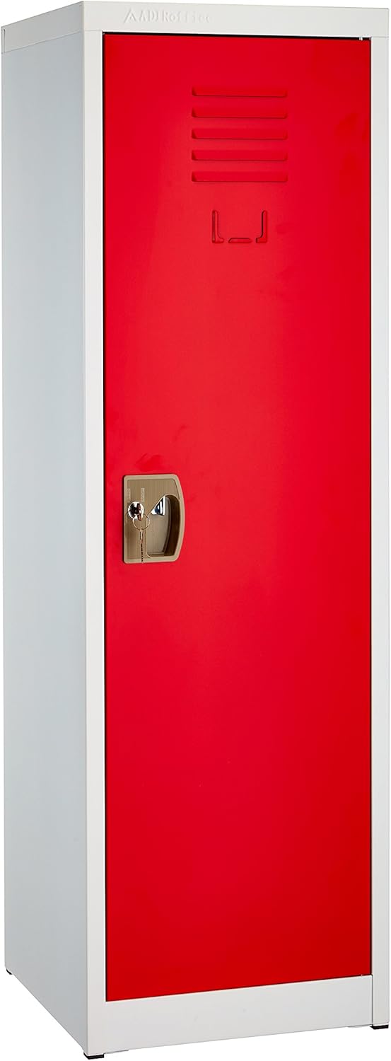 AdirOffice Kids Steel Metal Storage Locker - for Home & School - with Key & Hanging Rods (48 in 1 Door, Red)