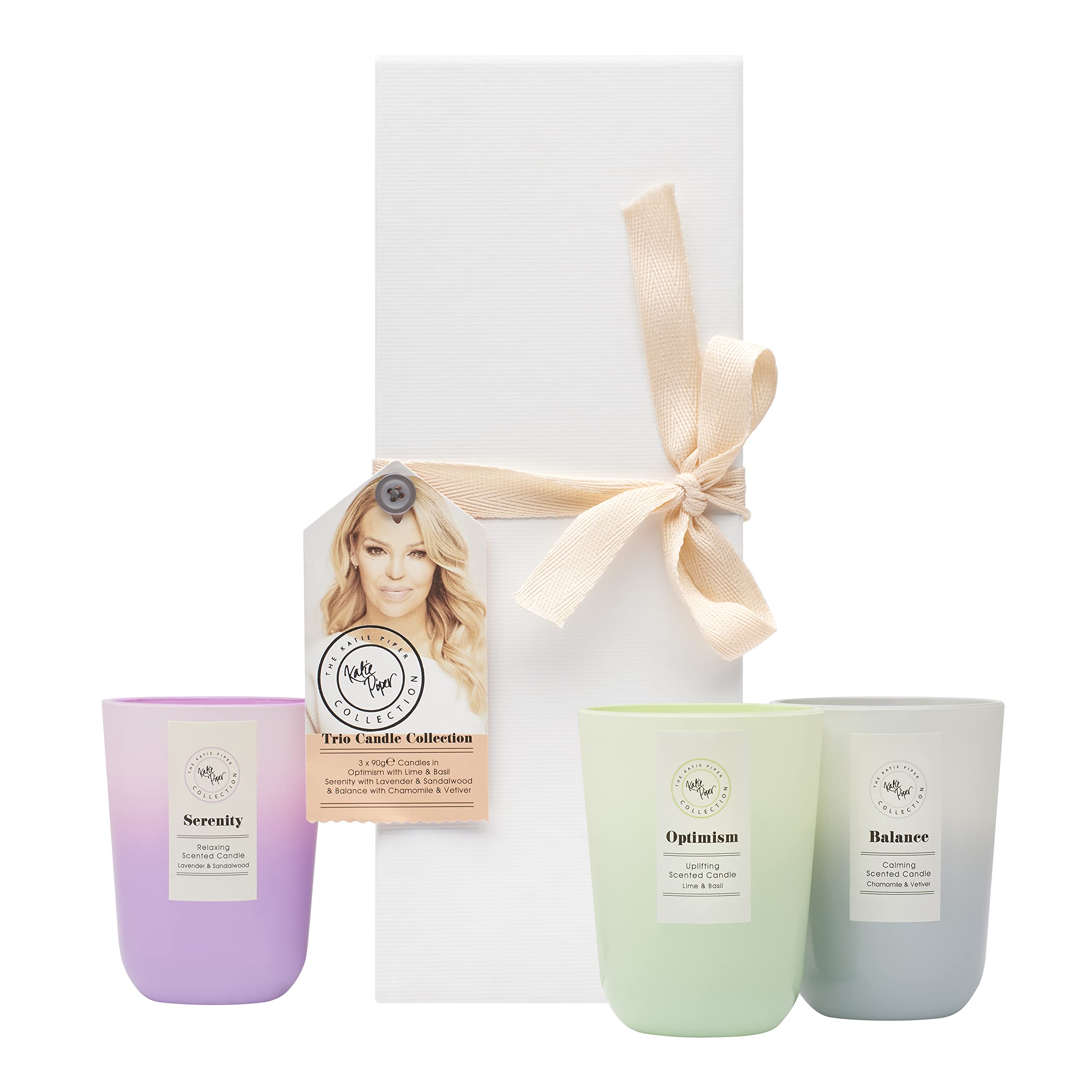 Katie Piper Trio Candle Collection. 3 x 90g Candles in Optimism - Lime & Basil, Serenity - Lavender & Sandalwood * Balance - Chamomile & Vetiver