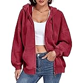 ALSOGO Womens Double Zip Up Oversized Hoodie Fleece Acid Wash Long Sleeve Sweatshirts Distressed Vintage Cotton Jackets