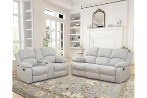 Plithzy Recliner Sofa Set Living Room Furniture, Microfiber Fabric Reclining Sofa Set, Recliner Couch Set with Cup Holders for Office Home (Sofa and Loveseat Set, Grey White)