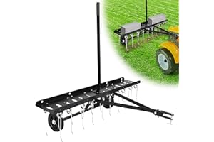 AUGFIR 48" Tow Behind Dethatcher, Pull Behind Dethatcher with 20 Spring Steel Tines, Lawn Sweeper Garden Scarifier Grass Tractor Rake, Riding Lawn Mower Tractor Attachment for Outdoor Yard Lawn Care, Black