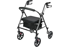 LIVINGbasics Folding Walker with Seat,4-Wheels Rollator with Under-Seat Storage Bag, Adjustable Handle Height,Supports up to 