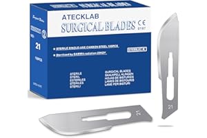 ATECKLAB 100 - Pack Sharp Carbon - Steel Disposable Scalpel Blades - Individually Packed - for Anatomy, Crafts & Facial Dermaplaning (#21)