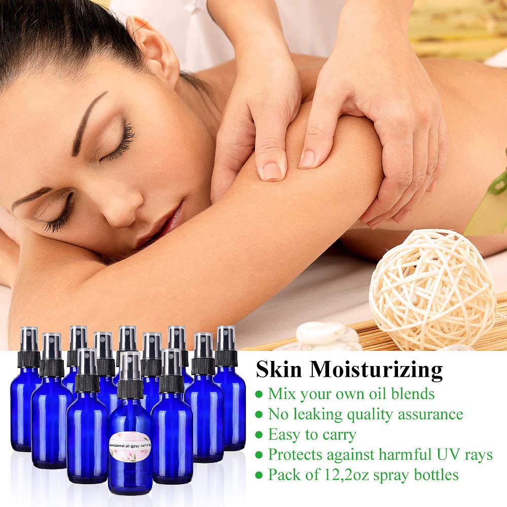 Empty spray bottles, 2oz Refillable Glass Spray Bottle is Great for Essential Oils, Beauty Products, Homemade Cleaners and Aromatherapy-12Pack (3 Funnels, 5 Droppers, 3 Extra Nozzles, Labels Included) : Beauty