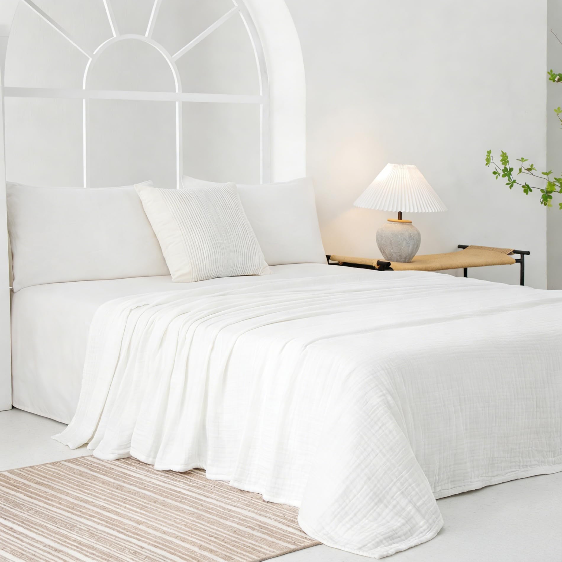 Photo 1 of 100% Cotton Muslin Blankets for Adults, 6-Layer Breathable Large Throw Blanket for Couch, Pre-Washed Soft Gauze for Bed Layering, All Season Comfort, White, 50"x70"