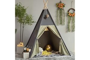 TreeBud Teepee Tent for Kids Stripe Padded Mat Foldable Dark Tone Grey Play Tents for Girl and Boy with Carry Case Wooden Pole Printing Canvas Tepee Playhouse for Child Indoor Outdoor