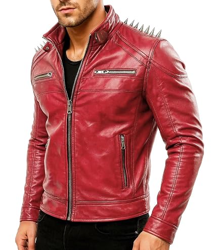 Biker Jacket with Spikes - Red Studded Synthetic Leather Jacket