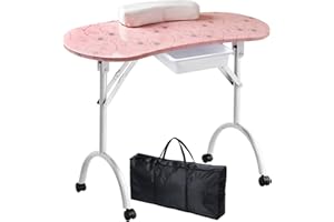 Kalolary Manicure Nail Table, Portable Folding Station Desk Movable Manicure Tech Table for Home Spa Beauty Salon with Sponge Wrist Cushion, Storge Drawer, Carry Bag(Pink)