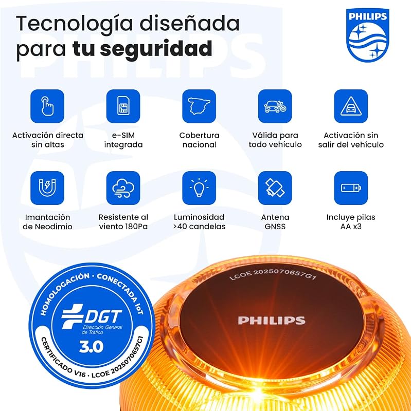 Baliza de Emergencia V16 con Geolocalización y Conexión DGT 3.0 – Homologada, Plan de Datos Incluido, Base Magnética, Alta Visibilidad 1km, Resistente Lluvia y Viento, Pilas AA inlcuidas