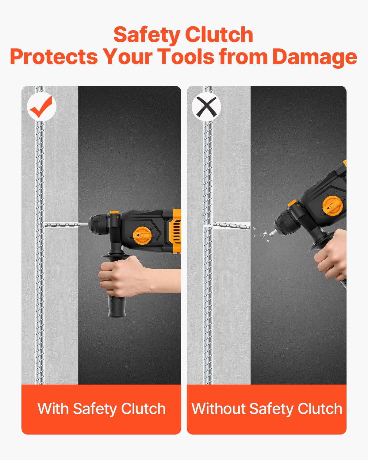 VEVOR 1 Inch SDS-Plus Rotary Hammer Drill, 8 Amp Corded Drills, Heavy Duty Chipping Hammers w/Safety Clutch, Electric Demolition Hammers, Taladro Rotomartillo, Power Tool For Concrete