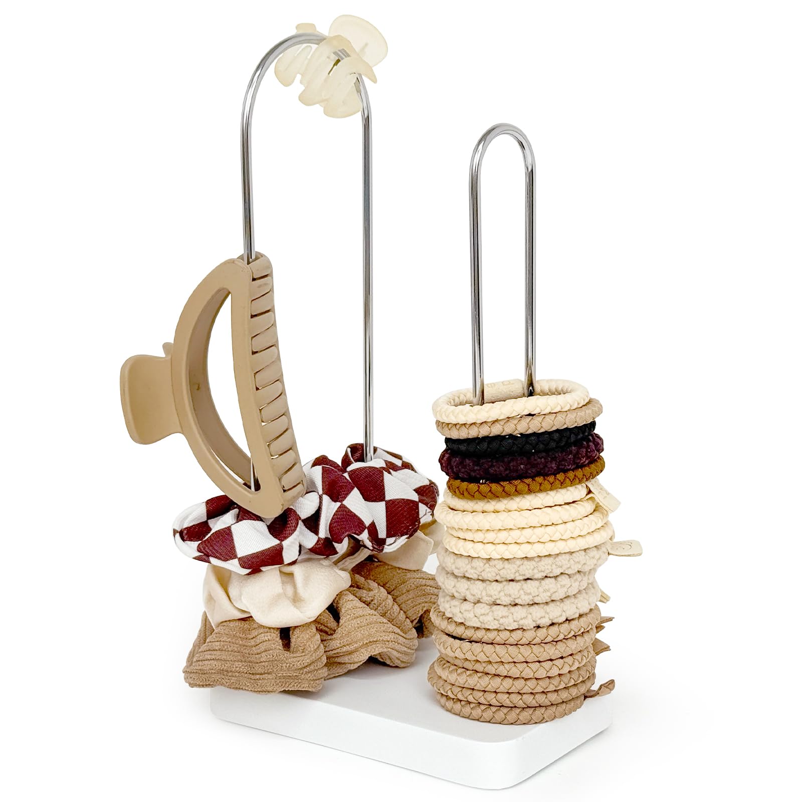 View 1 of 2-Tier Hair Tie Organizer, Modern Scrunchies Storage Tower Holds 30-50 Hair Accessories, Claw Clip Holder, Fashion Countertop Display Stand for Women & Girls(White)