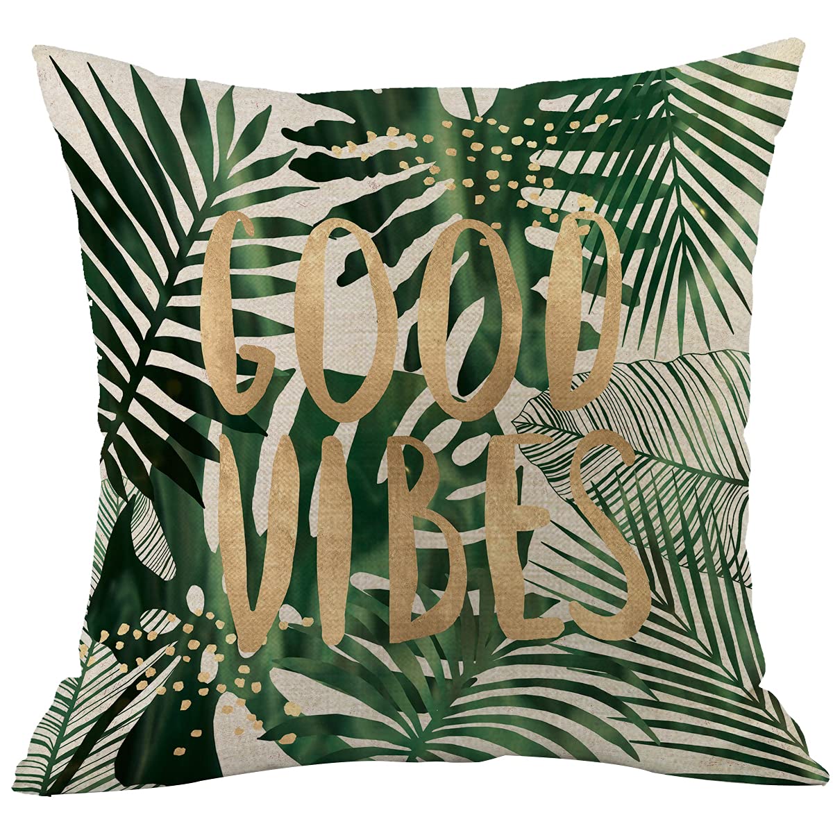 CANSEGO Palm Leaf Pillow Covers Cases Good Vibes Tropical Jungle Green Palm Tree Leaves Word Throw Pillow Cushion Cotton Linen 18x18 Inch Home Decor Couch Desk Bedroom