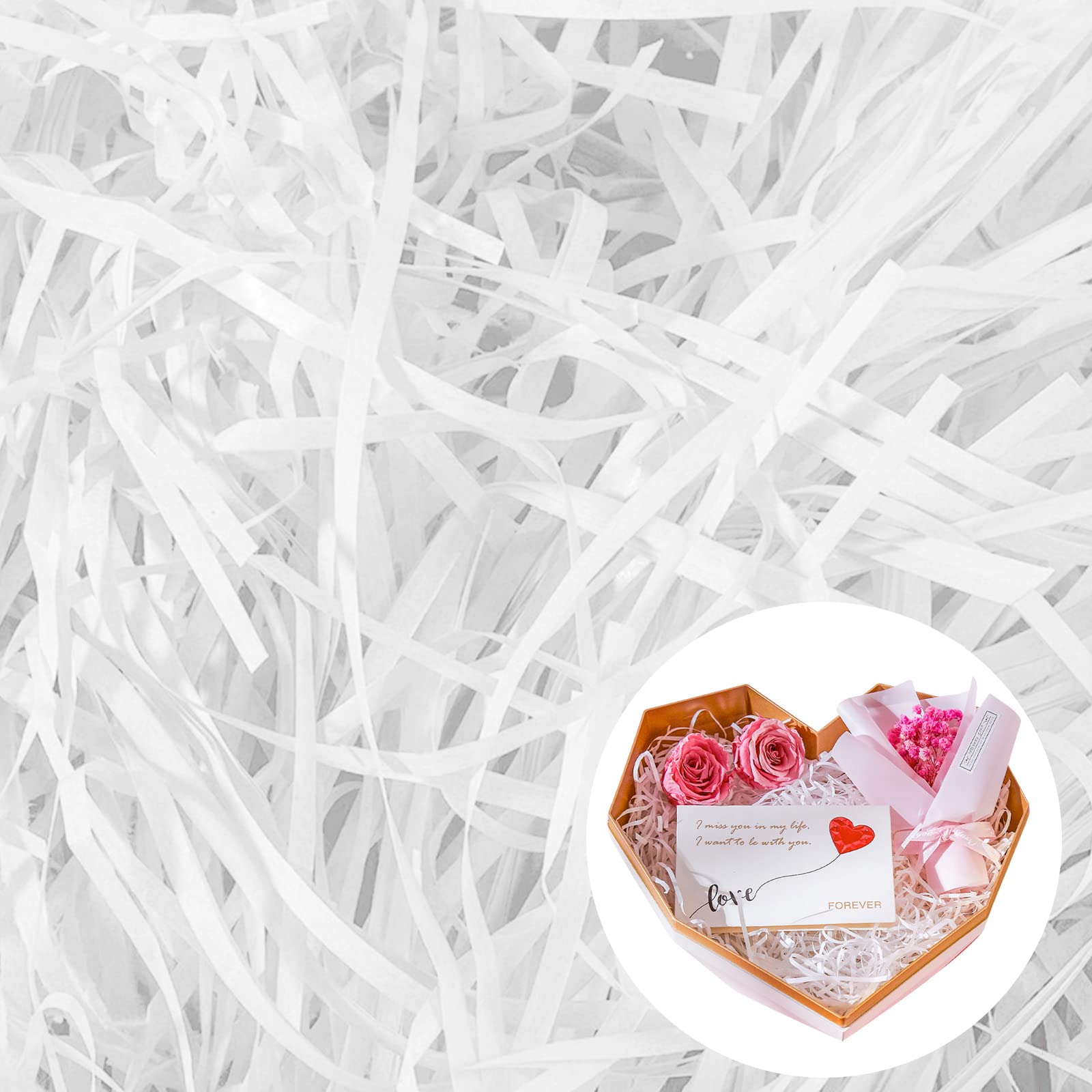 Cinvo 200 Grams Shredded Paper Shreds Confetti Raffia Tissue Paper Fine Cut Strands for Gift Box Decoration Packaging Filler Hamper Filling Stuffing Party Supplies Easter Holiday Decor(White)