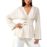 HERYEA Women's V-Neck Linen Blouse - Long Sleeve Double-Buckle Belt Shirt Casual Top