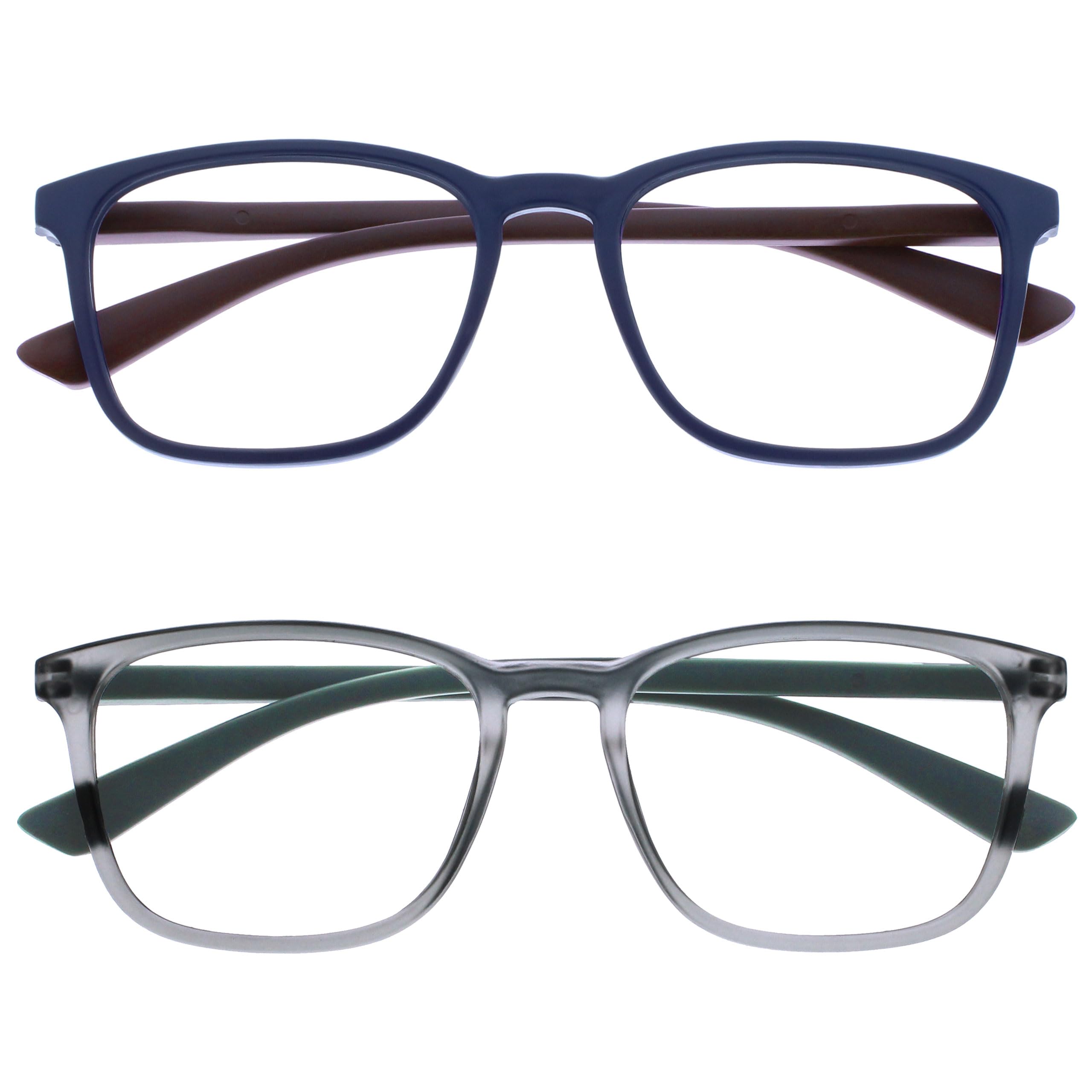 OPULIZE Max Reading Glasses 2 pack - Classic Large Rectangular Frame - Matt Blue Grey - Men's Women's Unisex - Spring Hinges - RR78-37 - +2.00