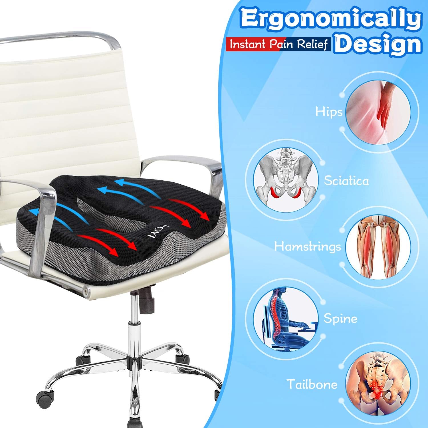 ROYI Memory Foam Seat/Chair Cushion for Relieves Back, Sciatica Pain，Tailbone Pain, Coccyx, Degenerating Disc, Orthopedic, Osteoarthritis, Sacrum, Prostate Cushion, Low Back Pain Cushion，Hip Shaping : Office Products