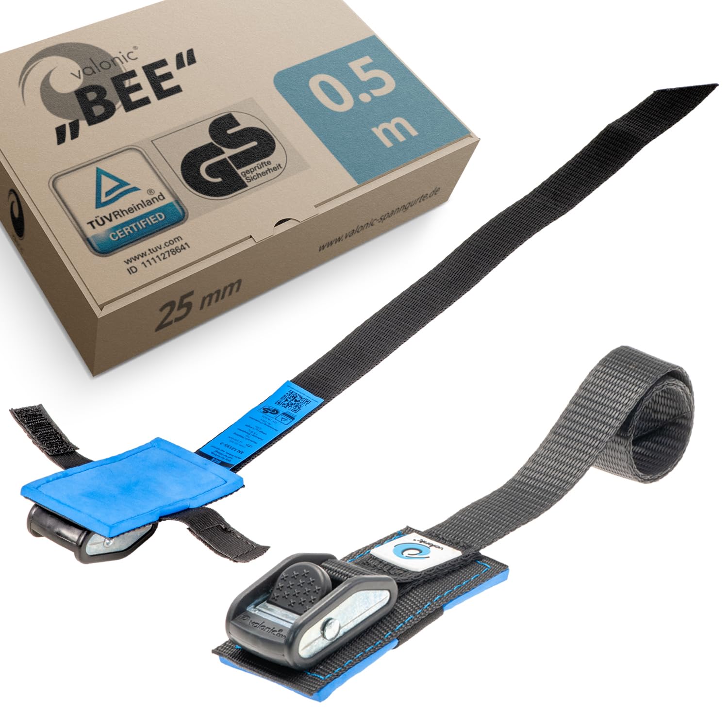 valonic BEE - 2x 0.5m tie down straps short, 25mm, 500Kg, protection pad, TÜV Rheinl. / GS certified, EN-12195-2 - cam buckle, black lashing straps for bicycle, roof rack, bike rack