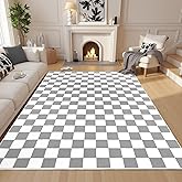 Terrug Grey and White Checkered Rug for Living Room,8x10 Area Rugs Washable with Non Slip for Bedroom,Soft Low Pile Stain Resistance Retro Carpet for Dorm Kids Room