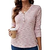 ANWUMICO Womens Waffle Knit Top V Neck Long Sleeve Henley Shirts Button Up Fall T Shirt