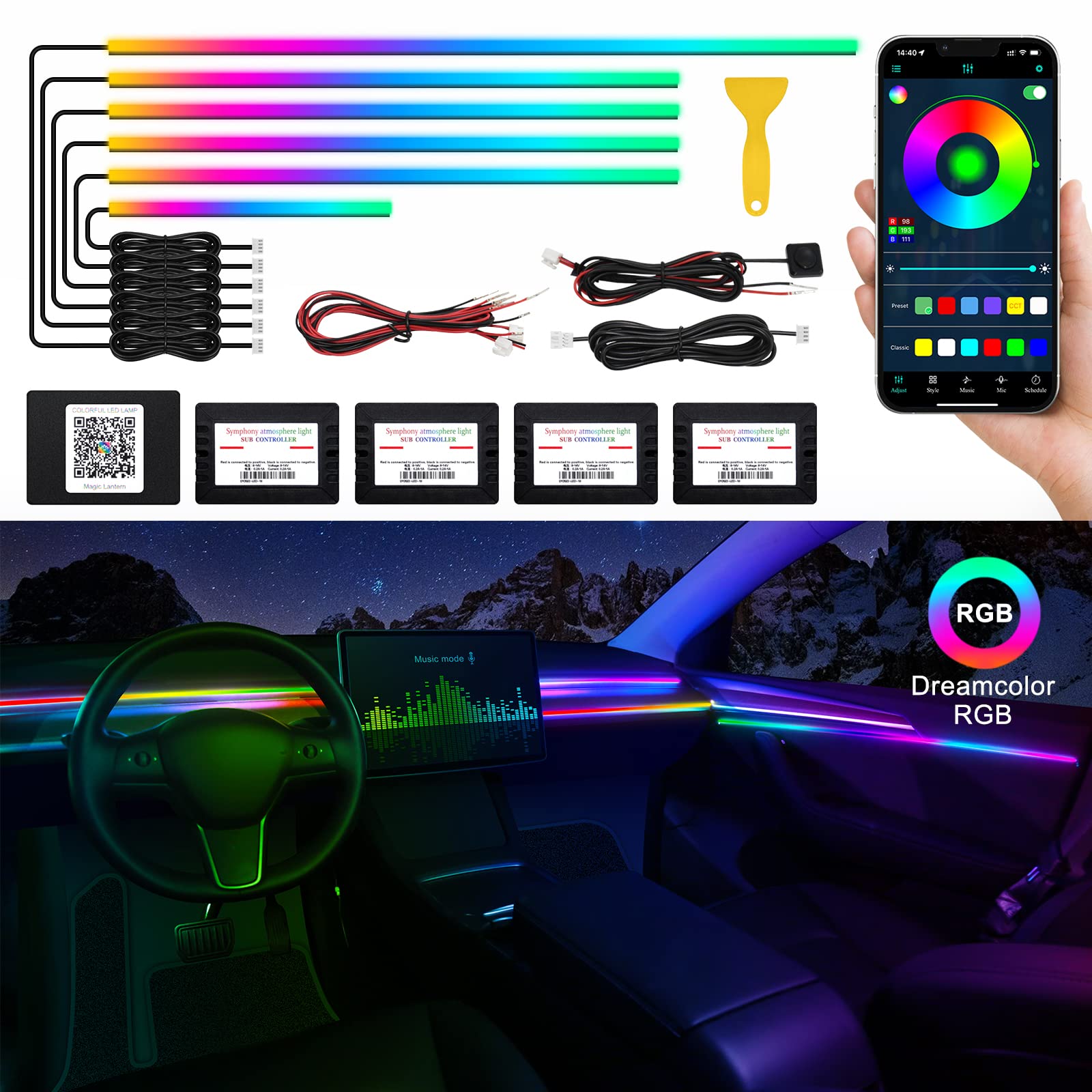 Photo 1 of Acrylic Interior Car LED Strip Light with Wireless APP, RGB Dreamcolor 6 in 1 with 175 inches 593 LEDs Fiber Optic Ambient Lighting Kits, 16 Million Colors Sound Active Function Car Neon Lights