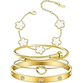 MAOCEN Womens 4Pcs Stackable Floral Gold Bracelets Stainless Steel Bangle Bracelets Non Tarnish Silver Set Trendy Jewelry Gifts for Womens