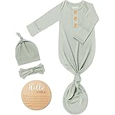 Soft Baby Knot Gown 0-3 Months, Newborn Announcement Sleepers With Mitten Cuffs and Personalized Wooden Name Tag