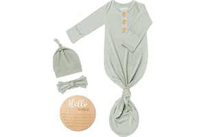 BABY NOAH Soft Baby Knot Gown 0-3 Months, Newborn Announcement Sleepers With Mitten Cuffs and Personalized Wooden Name Tag