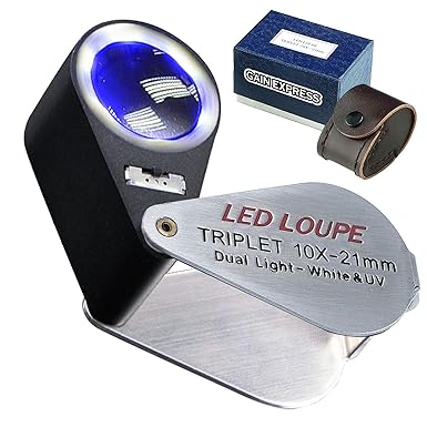 Juwelier-Lupe 21 mm, 10x Vergrößerung mit LED und UV-Licht