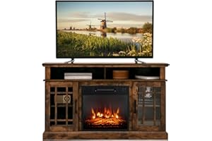 COSTWAY Electric Fireplace TV Stand for TVs Up to 55 Inches, 18-Inch Fireplace Insert with Remote, Overheat Protection, 48-Inch Wooden Media Entertainment Center with Adjustable Shelves, Brown