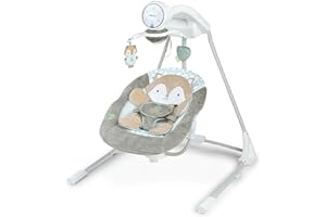 Ingenuity InLighten 5-Speed Baby Swing - Swivel Infant Seat, 5 Point Safety Harness, Nature Sounds, Lights - Kitt Fox