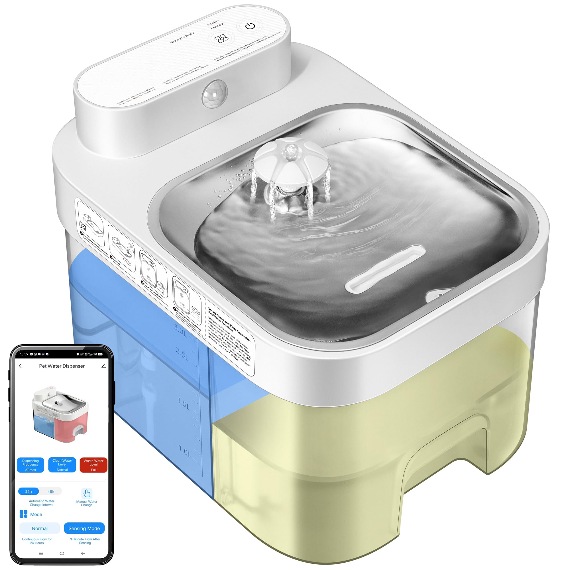 Photo 1 of **PARTS ONLY***VIVOHOME Smart Pet Water Fountain, 101oz Separated Fresh Water Tank, No Fliter Needed & Wireless Pump, Battery Operated Super Clean Cat Water Fountain, Automatic Dog Water Dispenser, 2.4G Wi-Fi App