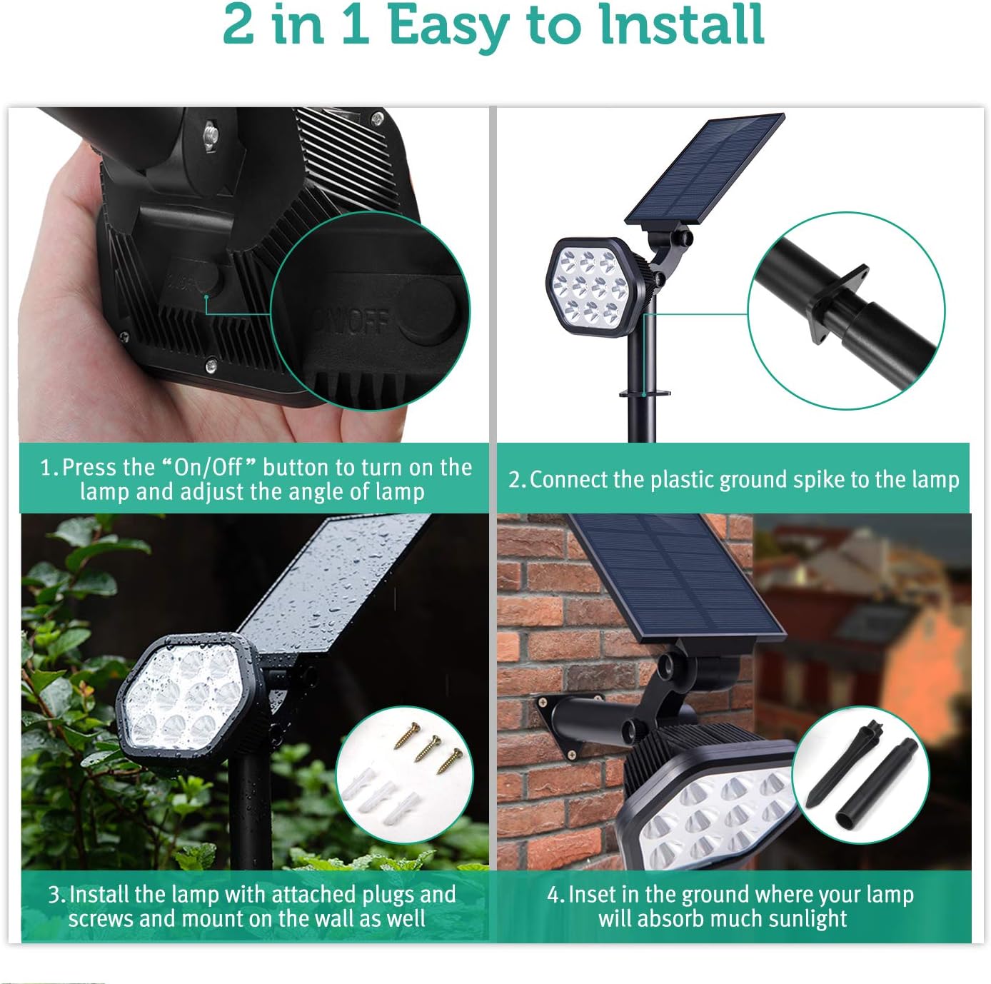 Nekteck Solar Lights Outdoor, 10 LED Landscape Spotlights Solar Powered Wall Lights 2-in-1 Wireless Adjustable Security Decoration Lighting for Yard Garden Walkway Porch Pool Driveway, Warm White : Garden & Outdoor