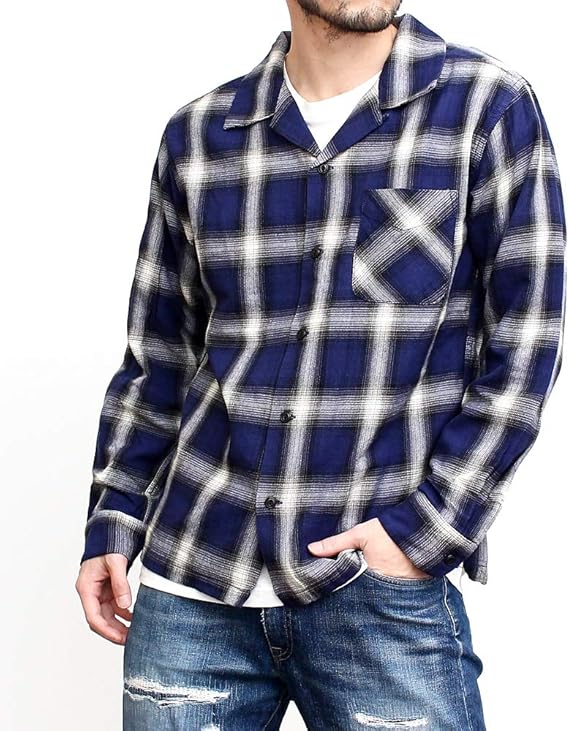 Amazon ファイブブラザー ネルシャツ メンズ ブランド チェックシャツ ワンナップシャツ 長袖シャツ 57 ブルー M シャツ 通販