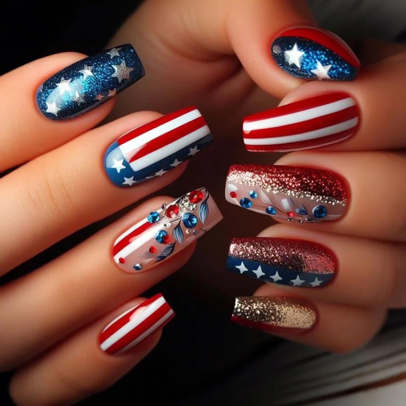 Photo 1 of 24Pcs 4th of July Press on Nails 3D Rhinestones & Gold Glitter Design Fake Nails American Flag False Nails Medium Square Acrylic Nails Glossy Stick on Nails for Women Independence Day Nail Art