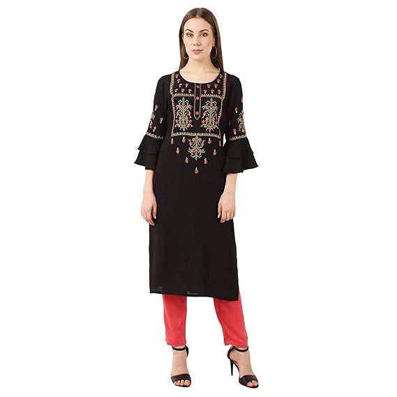 Women's Rayon Slub Embroidered Straight Kurti