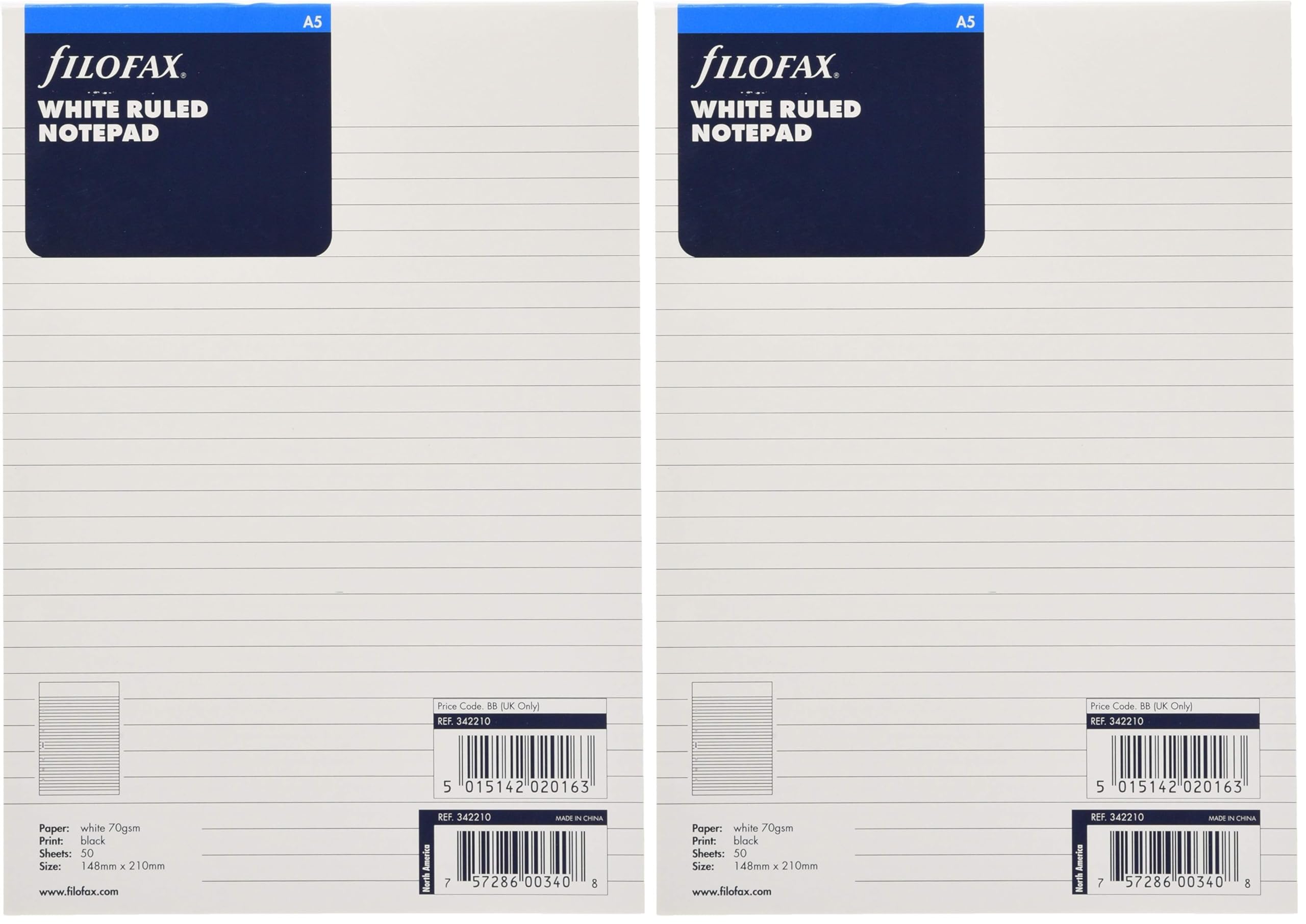 Filofax A5 Ruled Notepad - White (Pack of 2)