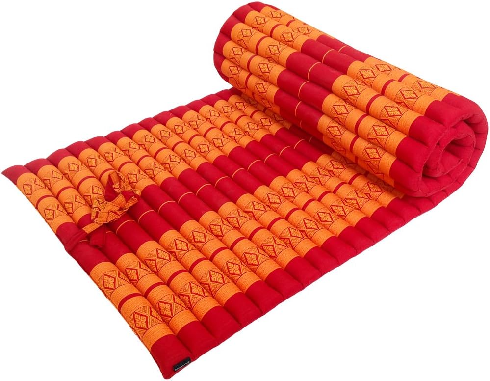 Traditional Thai Kapok Roll-Up Meditation Mattress for Yoga Massage or Relaxation (Orange, Red)