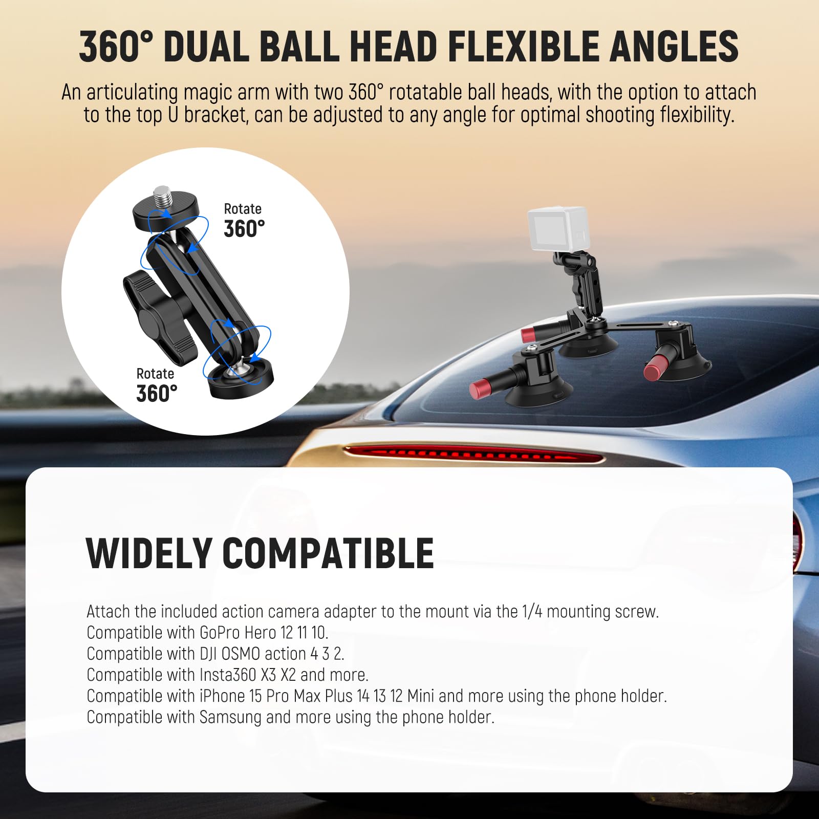Neewer Triple Suction Cup Camera Car Mount [Simplified] with Phone Holder & Action Camera Adapter Compatible with iPhone GoPro OSMO Action Pocket 4 3 2 Hero 12 11 10 Insta360 Samsung, CA067