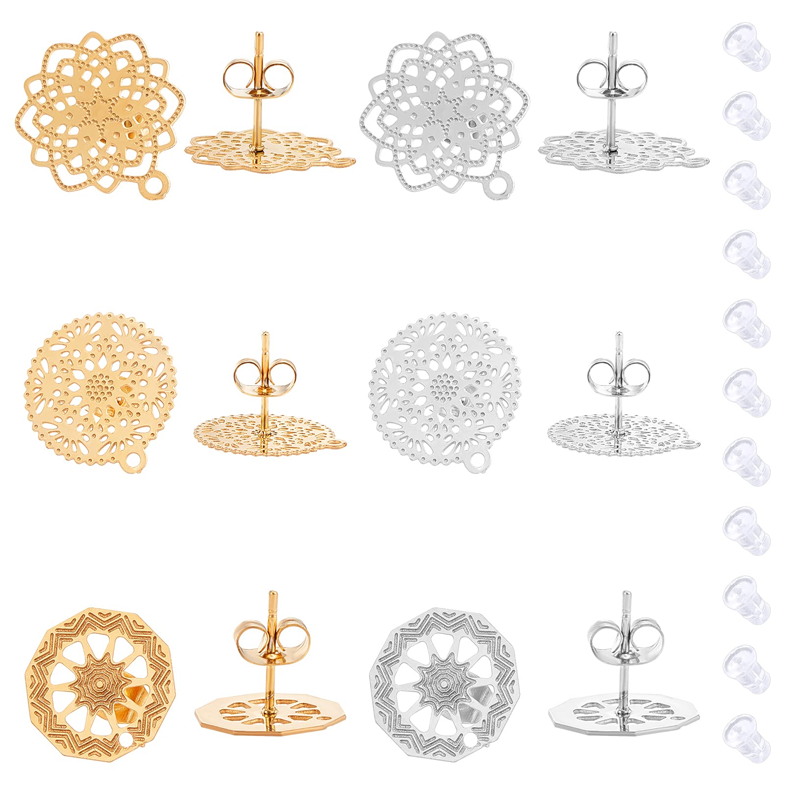UNICRAFTALE 12pcs 2 Colors Bohemian Stud Earring Findings 304 Stainless Steel Ear Stud Flower Earring Accessories DIY Filigree Ear Studs Components for DIY Jewelry Making